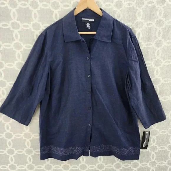 NWT Norton McNaughton Linen Blend Button Up Embroidered 3/4 sleeve women's Shirt - Picture 1 of 10